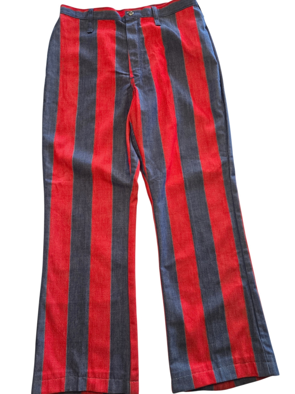 Vtg 70s Howick Riders Bold Stripe Flare Leg Jeans Red and Blue Waist 28 Unisex